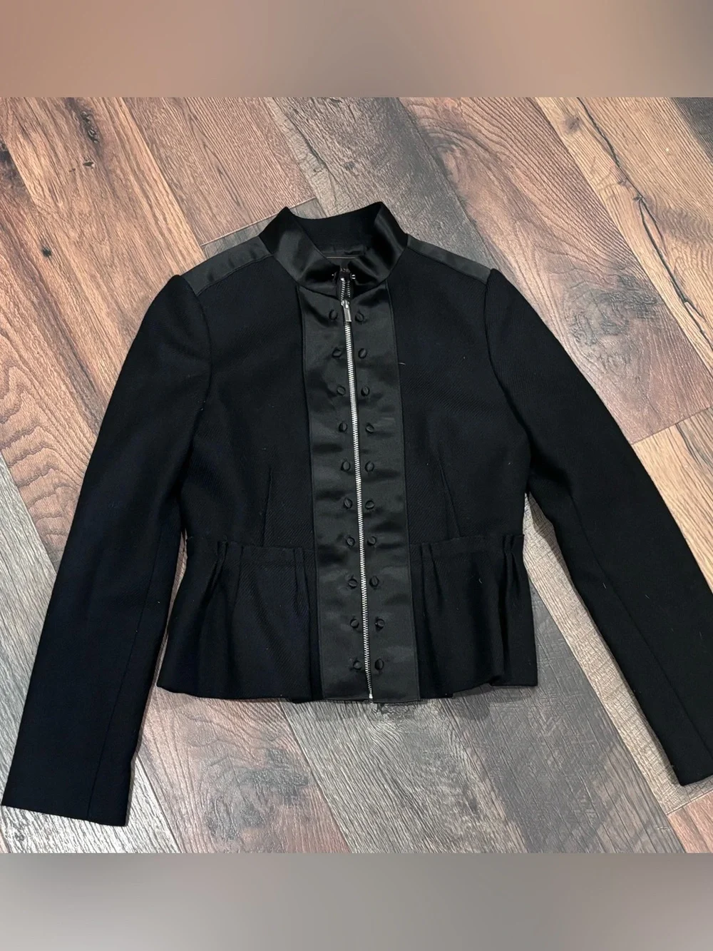 BCBG MaxAzria Peplum Jacket Black Satin-Trimmed Wool Size Small